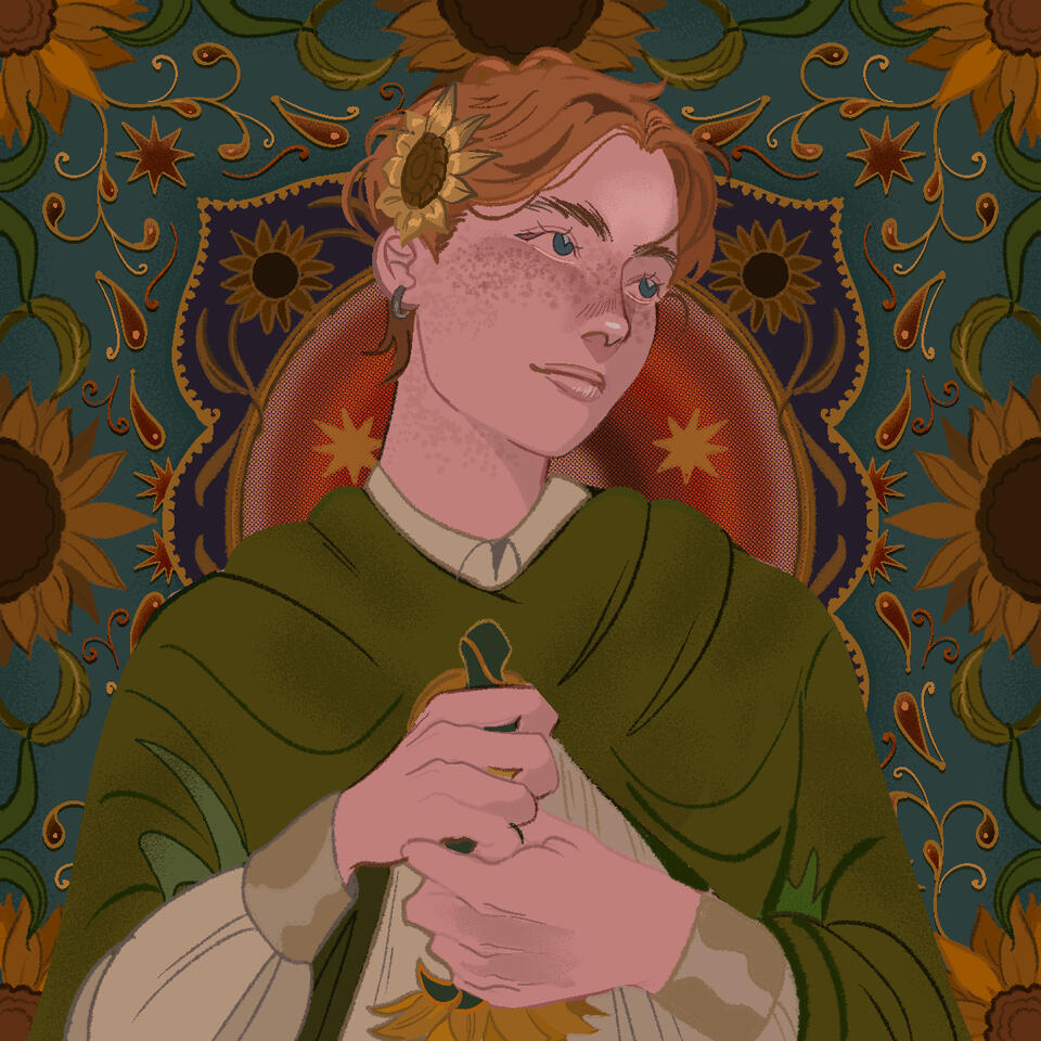 A drawing of a person with short brown/blonde hair, blue eyes, peach skin, and freckles. They have a sunflower in their hair. They are wearing a green cloak and holding a sword